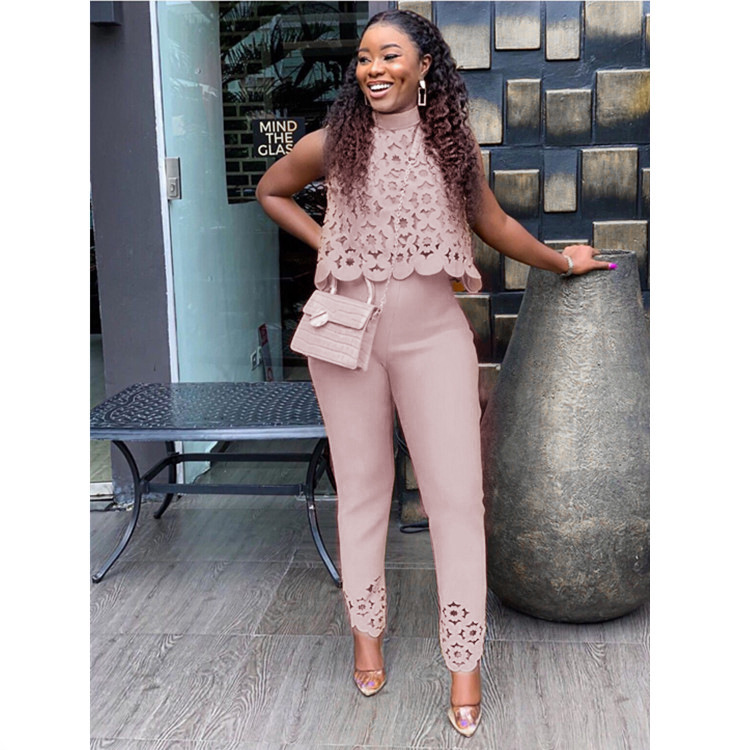 Women's temperament sleeveless hollow top pants yellow suit two-piece set_voghion.com