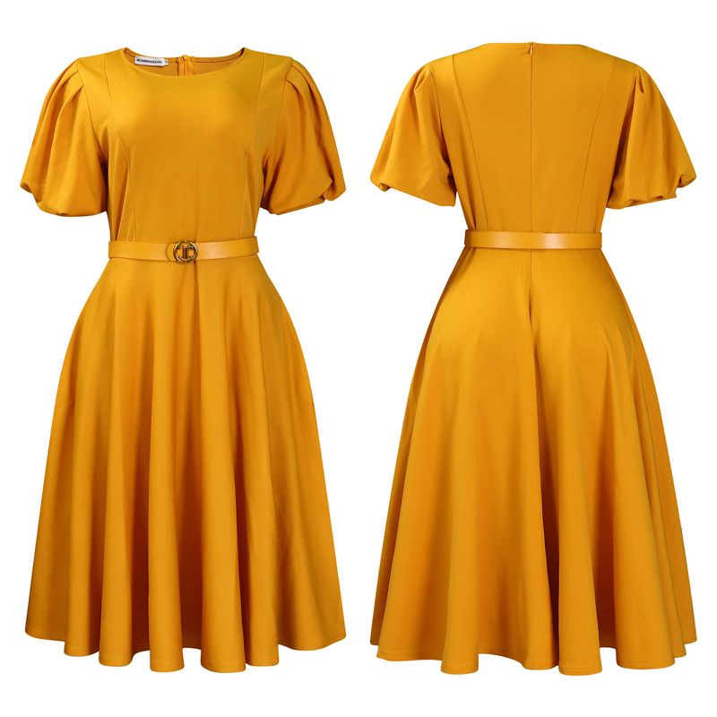 Abito da donna con scollo rotondo, temperamento, elegante, vita ampia, manica a sbuffo, gonna a trapezio_voghion.com