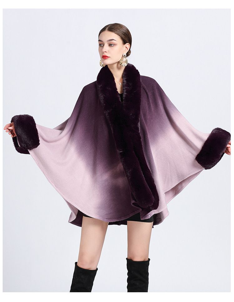 Mantella con collo di pelliccia, tinta in capo, grande, cardigan lavorato a maglia, cappotto largo_voghion.com