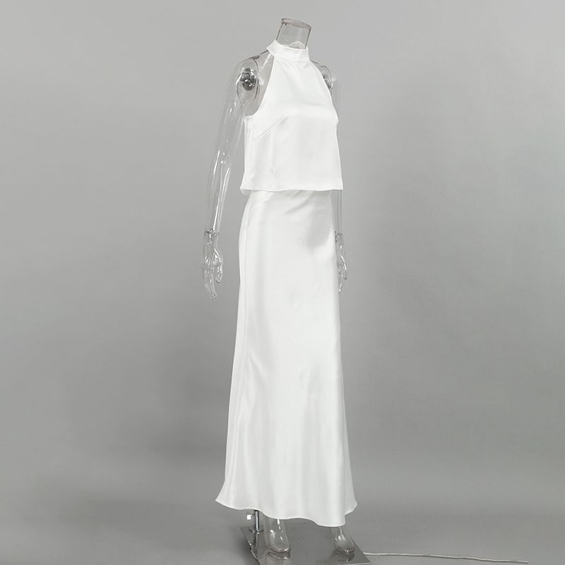 Gilet dos nu pour femmes, col licou, jupe taille haute, ensemble deux pièces en satin d'acétate, jupe longue haut de gamme pour femmes_voghion.com