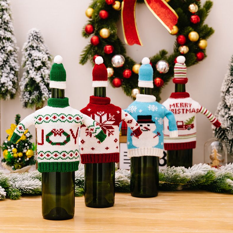 Gestrickter Weihnachtsflaschenüberzug mit Schneemann-Motiv, gemütliche Weihnachtsdekoration, ideal als Geschenk für Weinliebhaber_voghion.com
