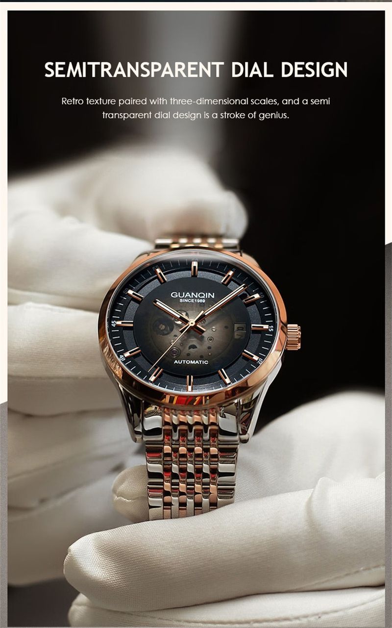 Orologio da uomo di lusso GUANQIN in acciaio inossidabile con data e movimento meccanico automatico giapponese Miyota._voghion.com