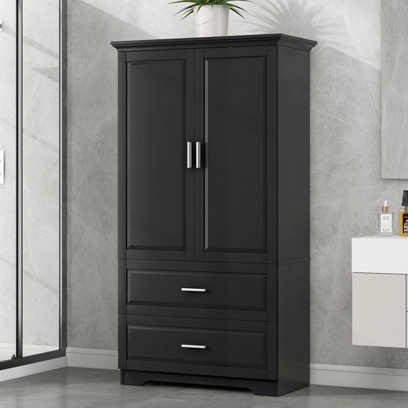 Tall Bathroom Storage Cabinet, Cabinet With Two Doors And Drawers, Adjustable Shelf, MDF Board_voghion.com