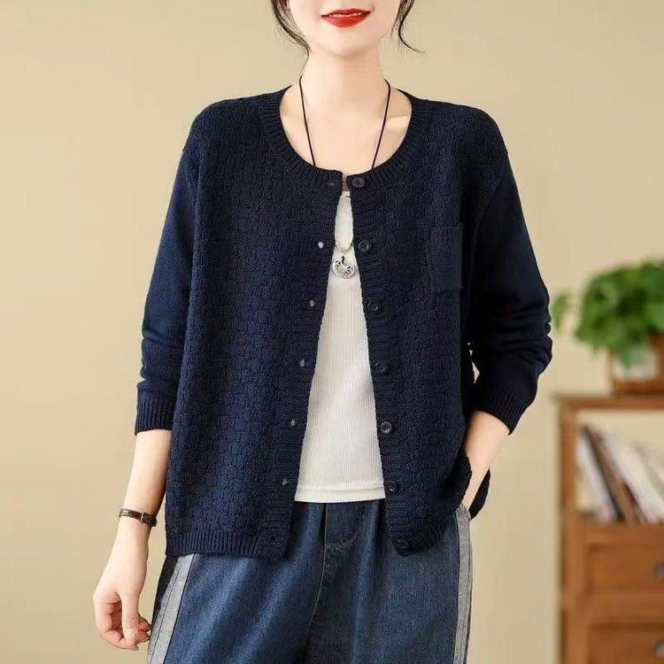Cardigan rétro en maille de coton pour femme, col rond, manches longues, style automne 2024, vêtement d'extérieur tendance pour les diffusions en direct._voghion.com