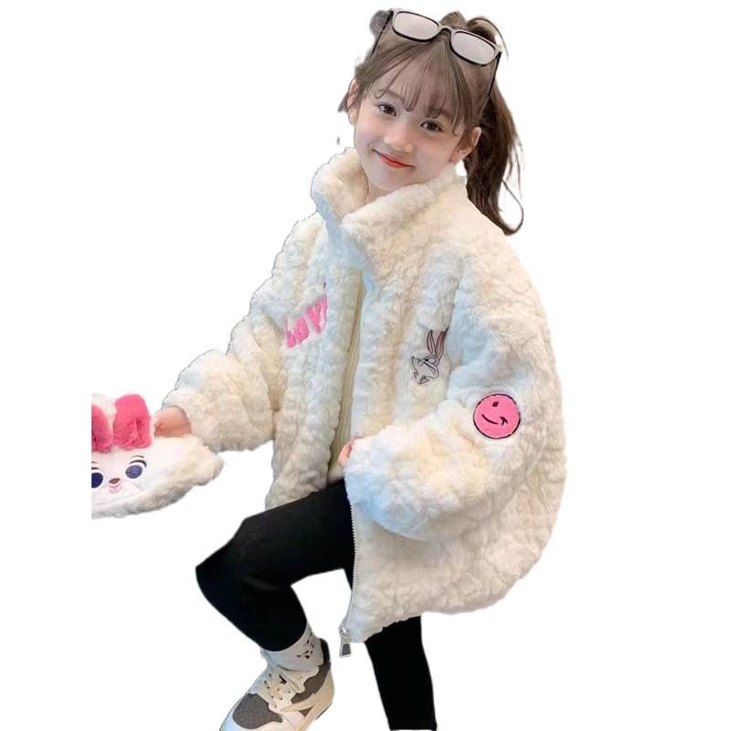 Cappotto autunnale per bambine 2025 Nuovo cappotto invernale per bambini in pile spesso con pelliccia di visone sorridente e coniglio_voghion.com