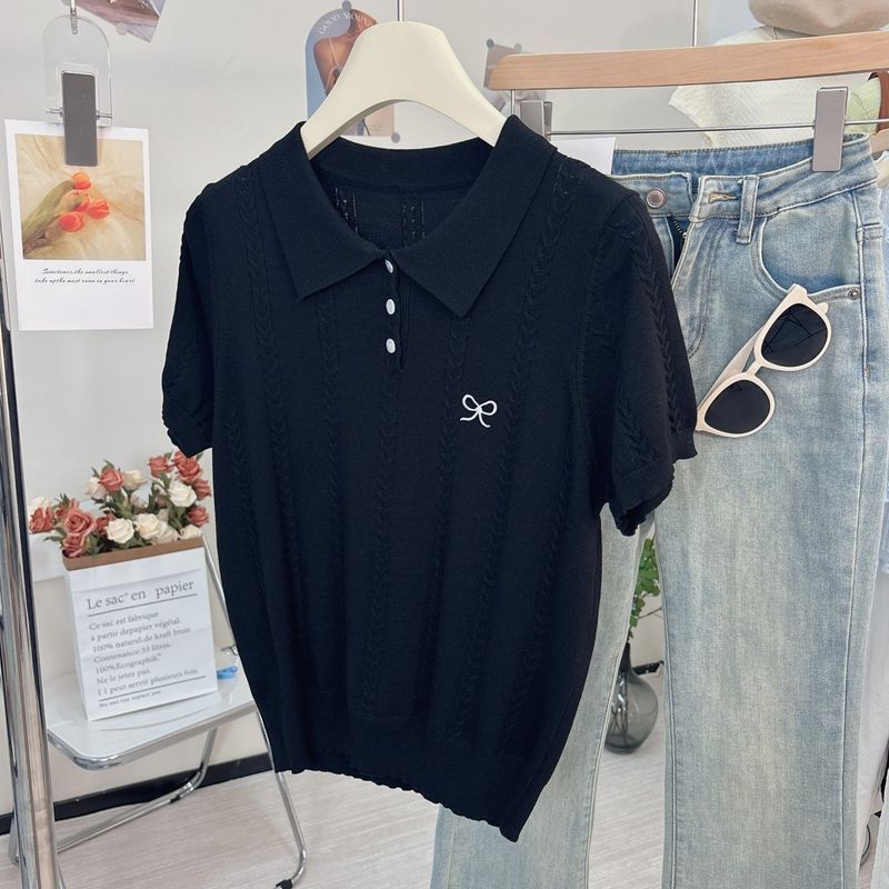Women's Clothing Summer Ice Silk Short Sleeved Knitted Sweater For Women New Bow Embroidery Lapel Polo Shirt Chic Top_voghion.com