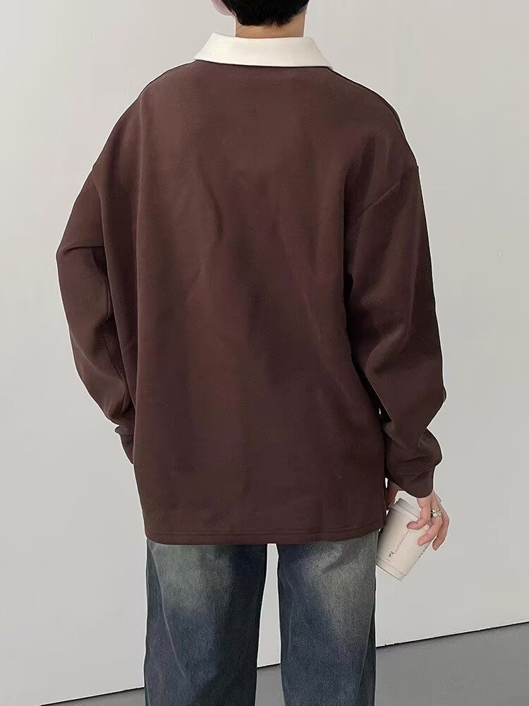 Men’s Retro Color-Block Polo Sweatshirt – Long Sleeve, Loose Fit, Embroidered Collar, Fall Casual (M-3XL, Brown Stripe)_voghion.com