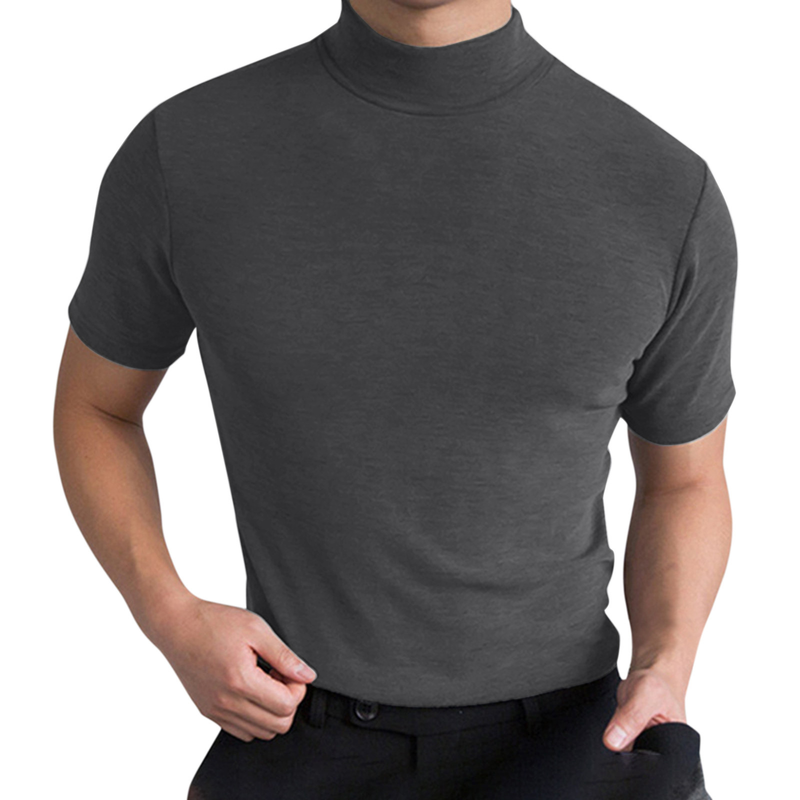 2023 herbst und Winter Hohe Kragen Kurzarm T-shirt männer Unterlage Einfarbig Top_voghion.com
