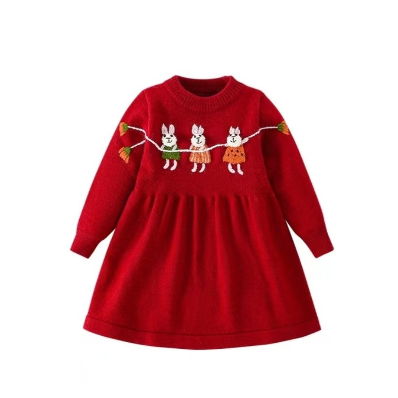 Mädchenpullover Herbst/Winter Neuer roter Strickrock Mädchen Baby Modisches Kaninchen handgefertigtes besticktes Wollkleid_voghion.com