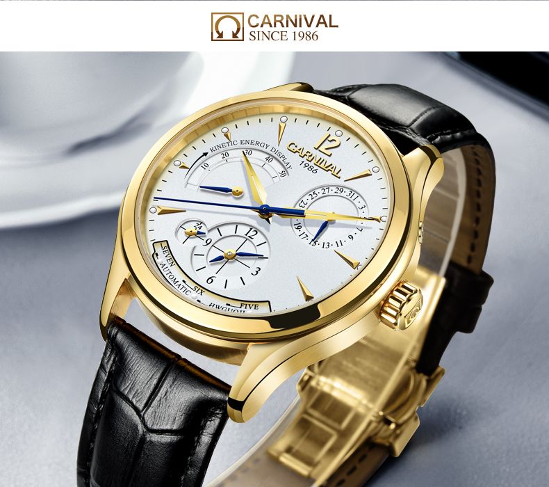 CARNIVAL Second Time Zone Kinetic Energy Display Watch Men Sapphire Automatic Mechanical Watches Man Watch Leather Waterproof_voghion.com