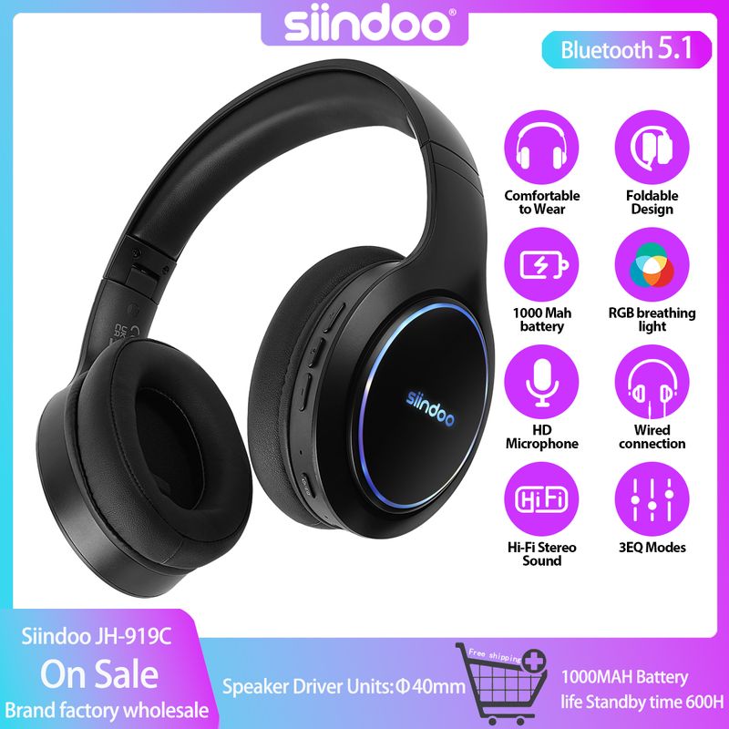Casque sans fil pliable Siindoo RGB Lamp JH-919C, écouteurs stéréo Bluetooth, 3 modes sonores EQ, basses profondes Hi-Fi_voghion.com