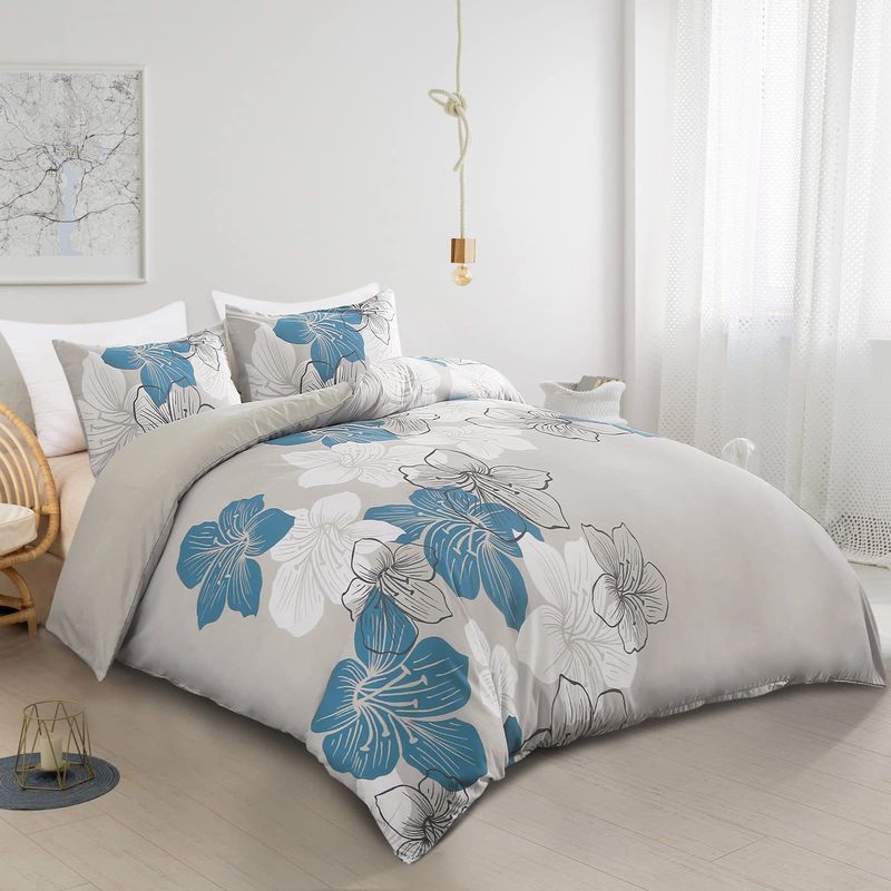 Set di biancheria da letto traspirante con motivo floreale in morbida fibra, tre pezzi, copripiumino e copripiumino._voghion.com