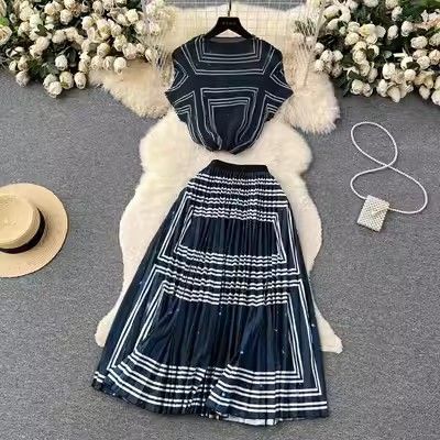 Women's Clothing print suit women's summer new style high end temperament half turtleneck top + pleated skirt two piece set_voghion.com