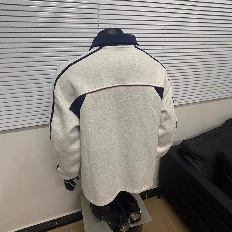 American Style Color Block Polo Sweatshirt Jacket Trendy Brand High-End Cleanfit Raglan Sleeve Racing Suit For Men_voghion.com