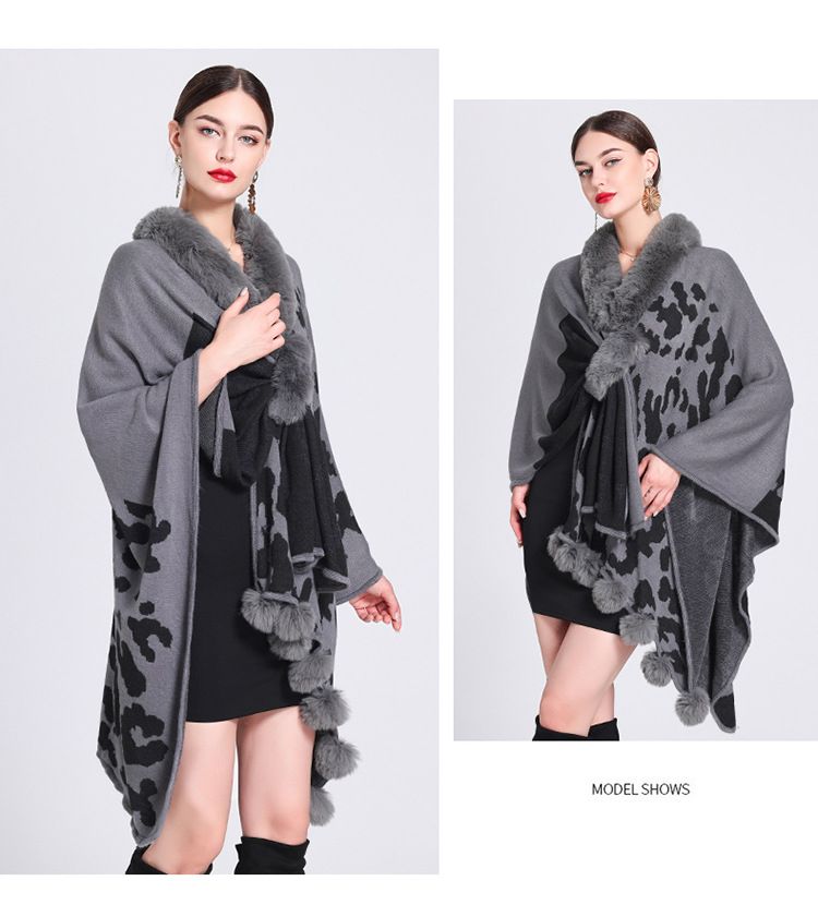 Mantella con collo di pelliccia, mantello con palla di pelliccia, mantello jacquard in maglia larga, cappotto di grandi dimensioni_voghion.com