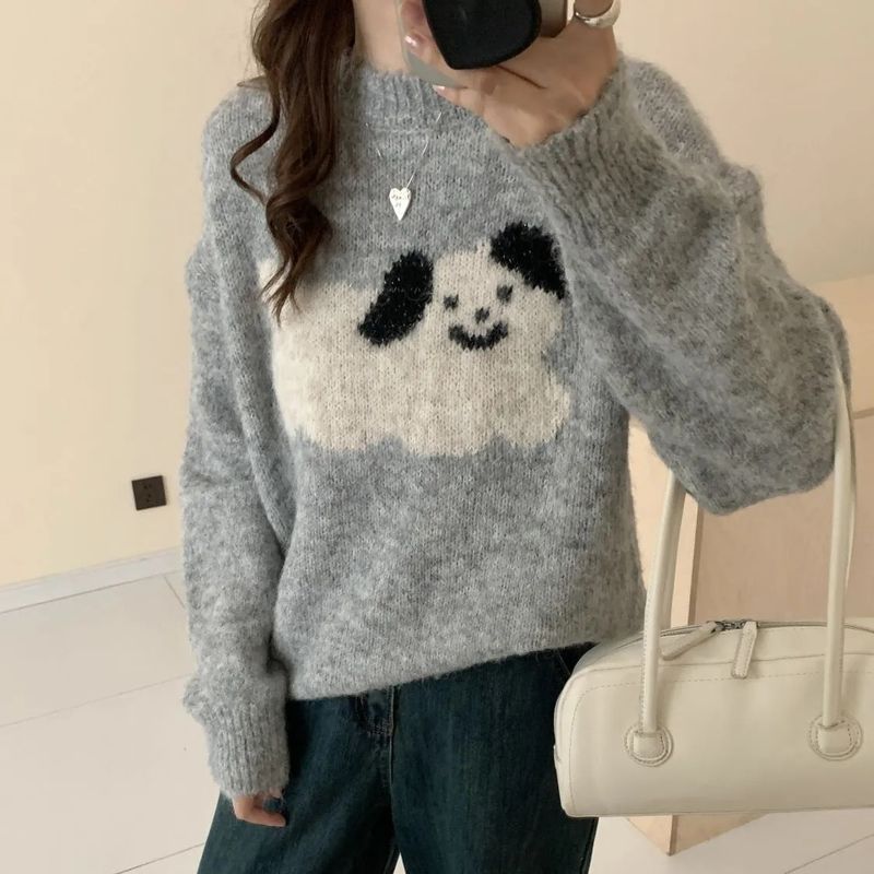 【 Cashmere Family】 Maglione corto in lana girocollo da donna con strato interno in maglia spessa jacquard_voghion.com