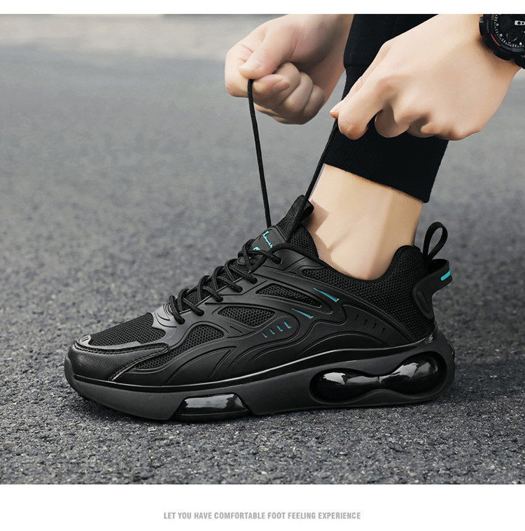 Chaussures de sport à coussin d'air pour hommes, basses à lacets, noires, Mamba, en maille, semelle épaisse, pour papa, nouvelle collection 2024_voghion.com