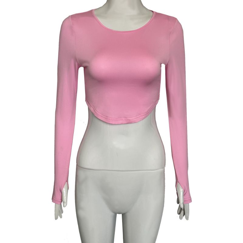 Completo a maniche lunghe da donna in saldo, stile corto con scollo a V e ombelico esposto, maglietta attillata per donna_voghion.com
