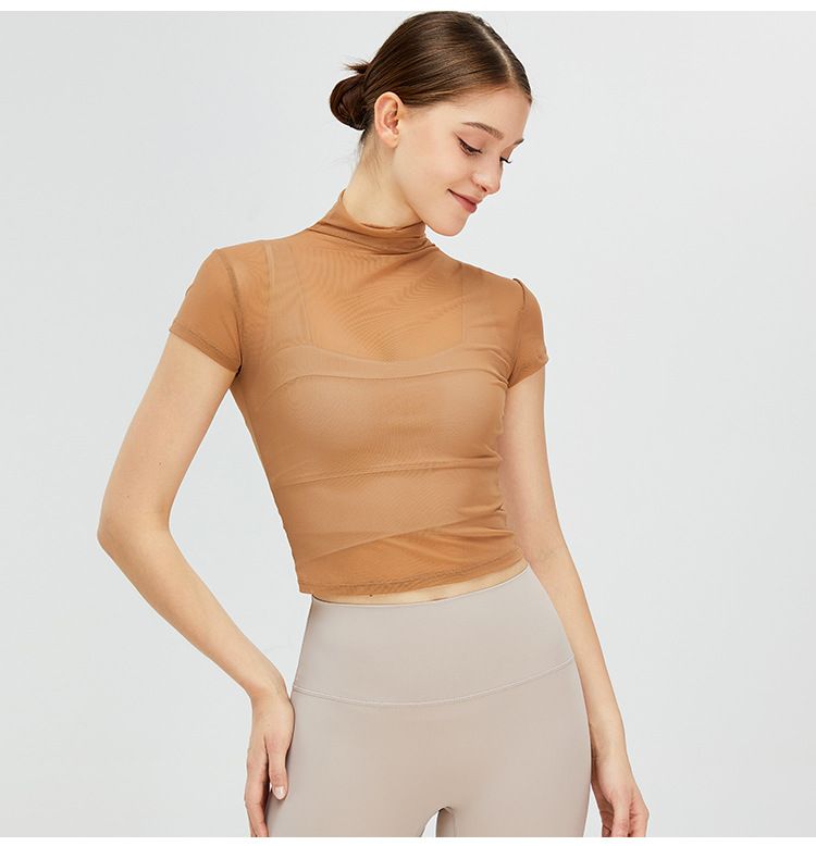 Maglietta da yoga vintage con collo alto, da donna, ad asciugatura rapida, sportiva, in rete, con protezione solare, per yoga_voghion.com