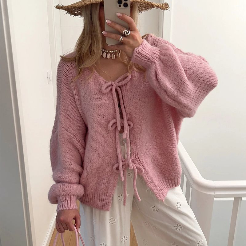 Women's Clothing Elegant V-Neck Tie-Front Knit Cardigan Soft Stylish Long Sleeve Open Front Sweater Lightweight & Versatile For Office & Casual Wear_voghion.com