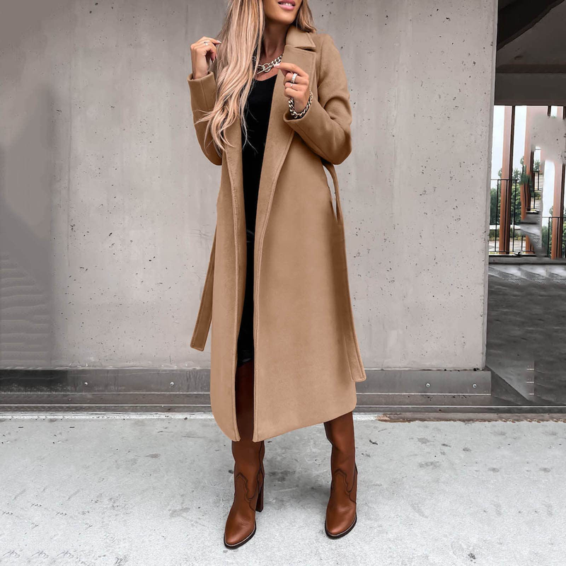 Autumn and winter women's solid color lapel long-sleeved woolen jacket simple strappy windbreaker_voghion.com