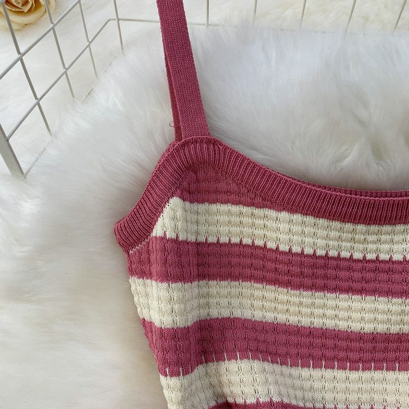 Abito da donna a righe in maglia con bretelle, gonna lunga per le vacanze, snellente per il temperamento e per i fianchi_voghion.com