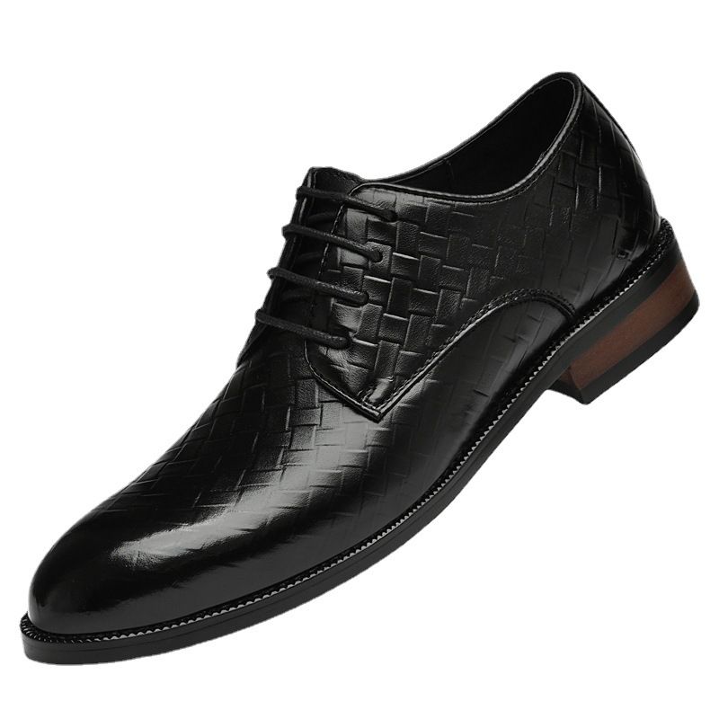 Suitable For All Seasons Thick-Soled Height-Increasing Shallow Mouth Polished Formal Suit Men's Embossed Woven Leather Shoes Office Autumn Men_voghion.com