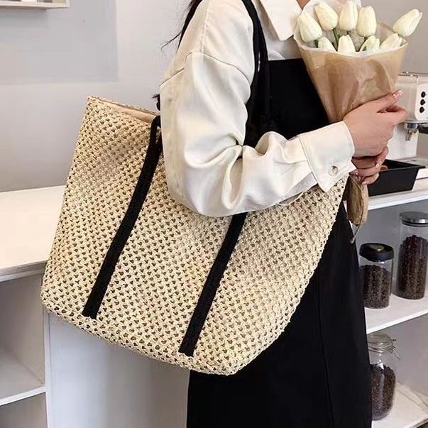 Borsa da spiaggia da donna casual, con tracolla in paglia, con fibbia, in corda di carta cava, grande capacità_voghion.com