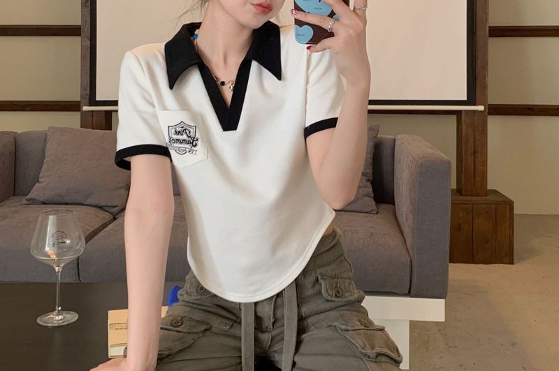 Ženska poletna majica s kontrastnimi rokavi in polo ovratnikom, ohlapna kroja, nišna in elegantna kratka majica_voghion.com
