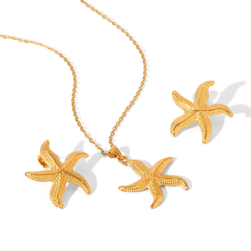 1Pc/3Pcs Huangchao Stainless Steel Starfish Pendant Necklace Stud Earrings For Women, Gold Plated Summer Jewelry Accessories_voghion.com