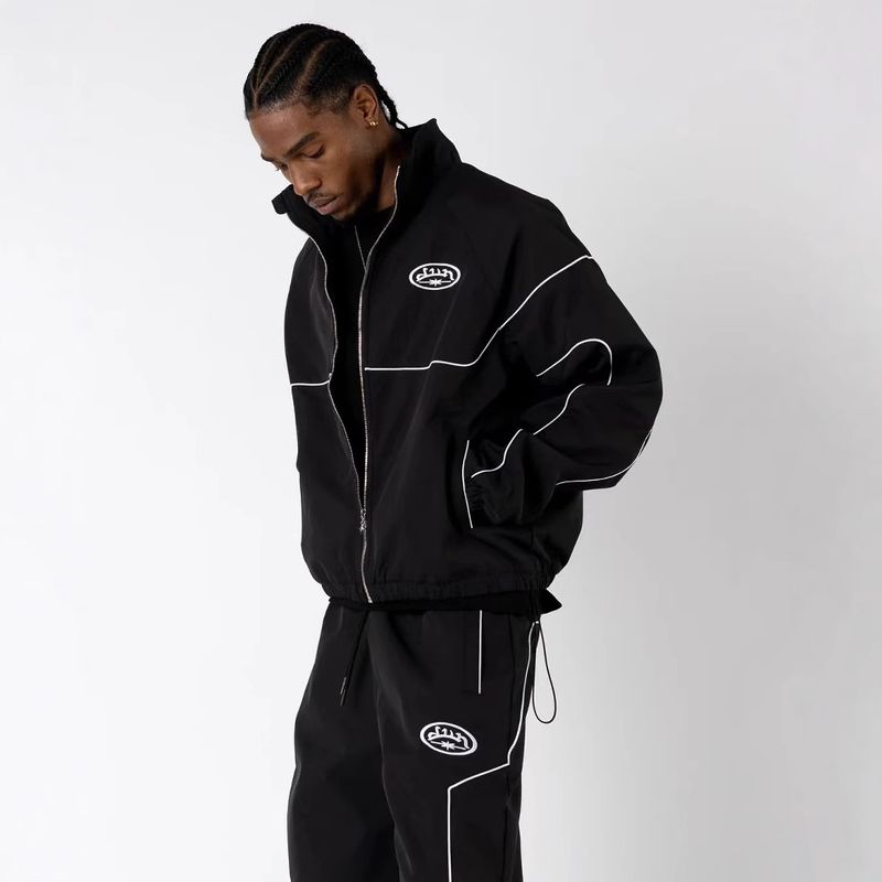 "Y2K Printed Windbreaker Set – Streetwear Zip-Up Hoodie & Joggers With Bold Typography (Black/Navy/Light Blue)"_voghion.com