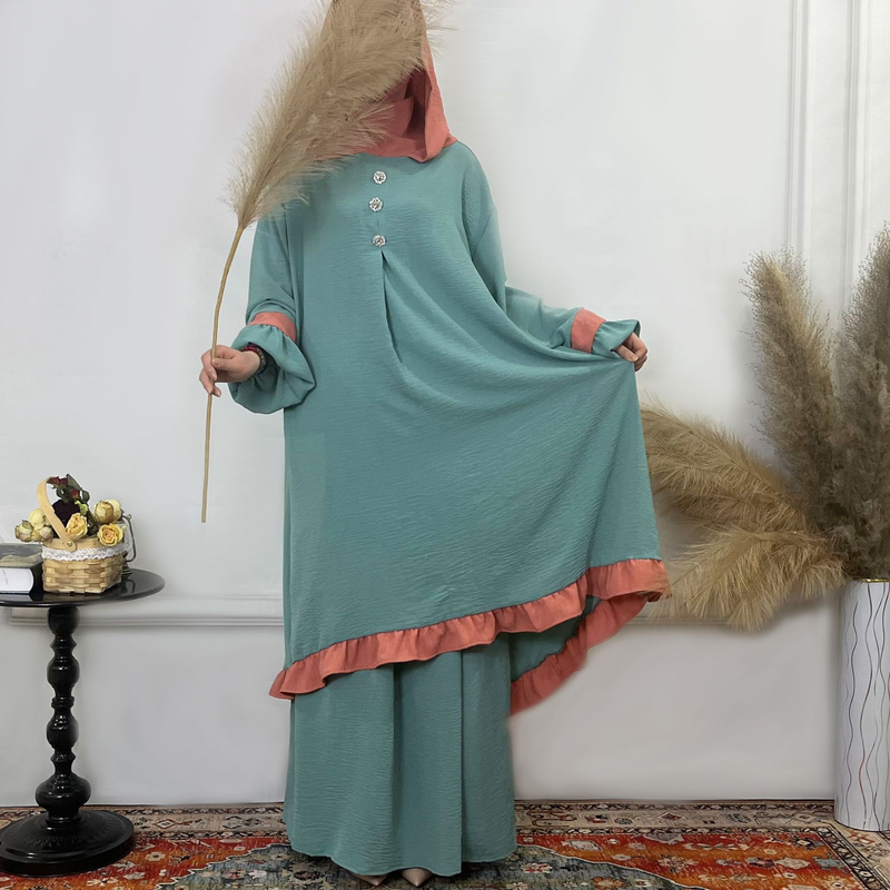 Women's Clothing Solid Color Ruffled Burkha Two Piece Set_voghion.com