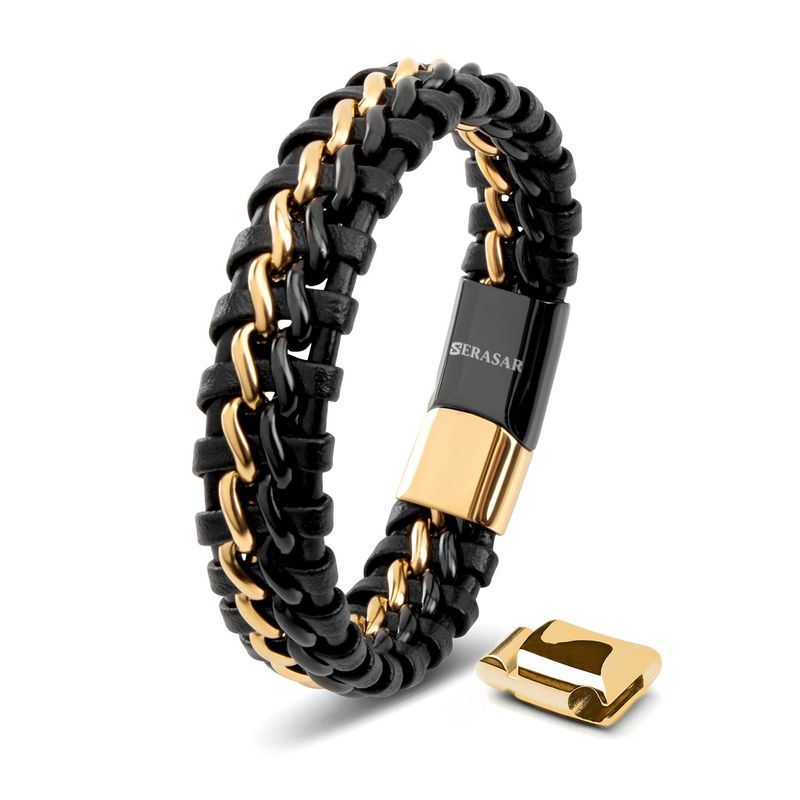 Bracelet en cuir à double chaîne en or gravé avec boucle d'extension en titane et acier cubain tissé_voghion.com