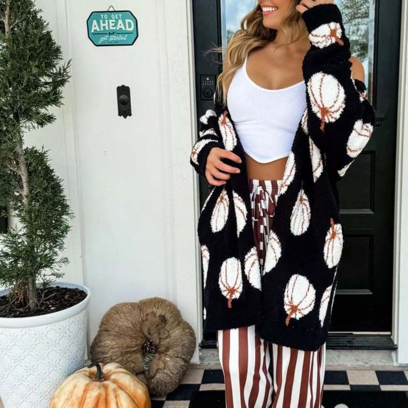 Halloween Pumpkin Jacquard Knit Cardigan – Oversized Mid-Length Open Front Sweater, Polyester Long-Sleeve Casual Coat For Women_voghion.com
