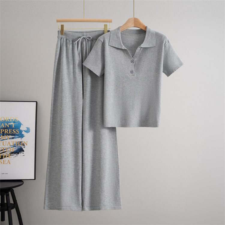 Women's Clothing Temperament Knitted Top Two Piece Suit Wide Leg Pants Suit_voghion.com
