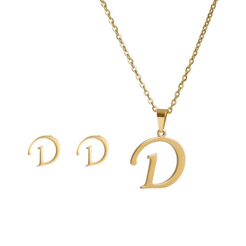 New Trendy Stainless 26 letter English Necklace Earrings Set, Gold Pendant Necklace And Earrings, Stainless Steel Simple Men's And Women's Accessories_voghion.com