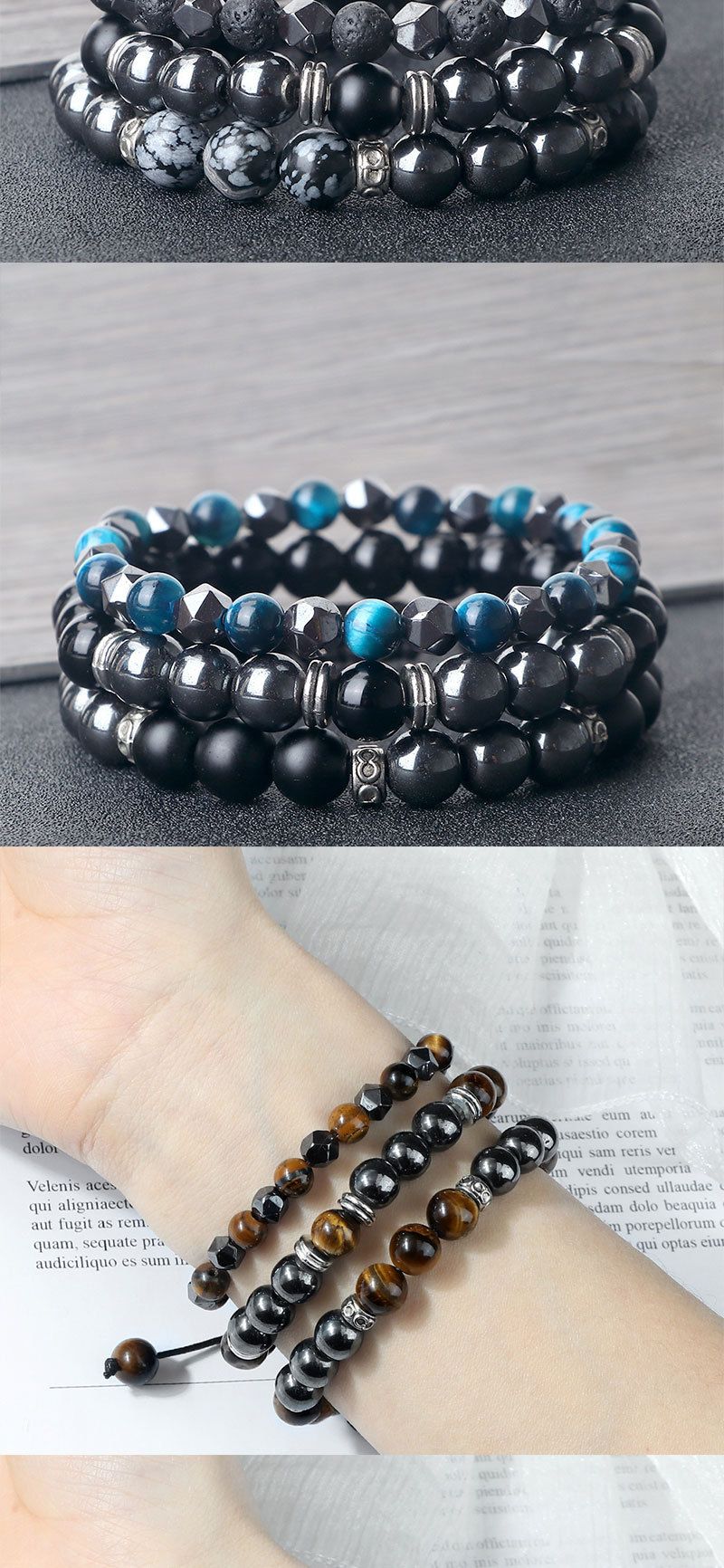 Unisex sieraden mode kralen elastische gevlochten hand touw zakelijke mannen zwarte galsteen cut-off spacer combinatie pak_voghion.com