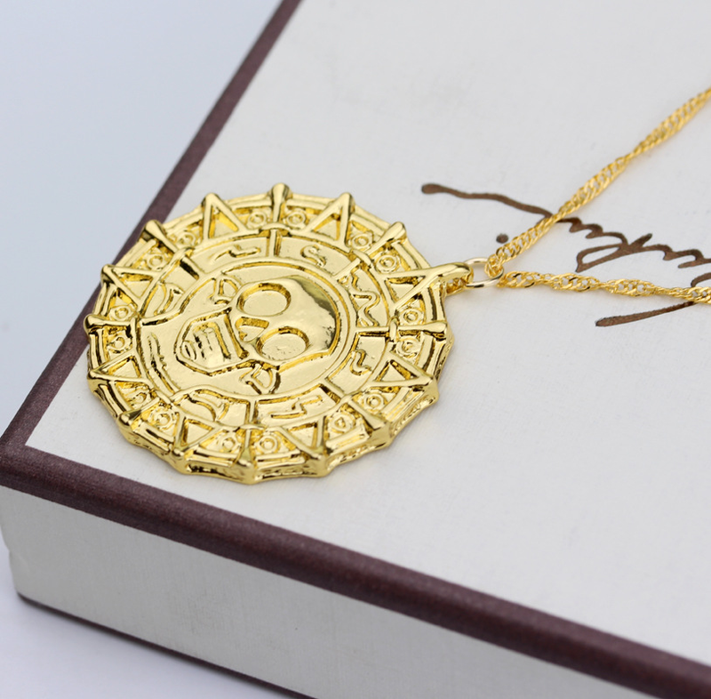 Accessoires de film caraïbes Akg Pirates aztèque, pièce de monnaie couleur or, pendentif crâne rétro, collier Punk Hip Hop_voghion.com