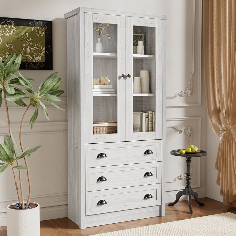 Highboard 80x171cm Holzoptik mit Glastüren, 3 Schubladen, Kupfergriffen_voghion.com