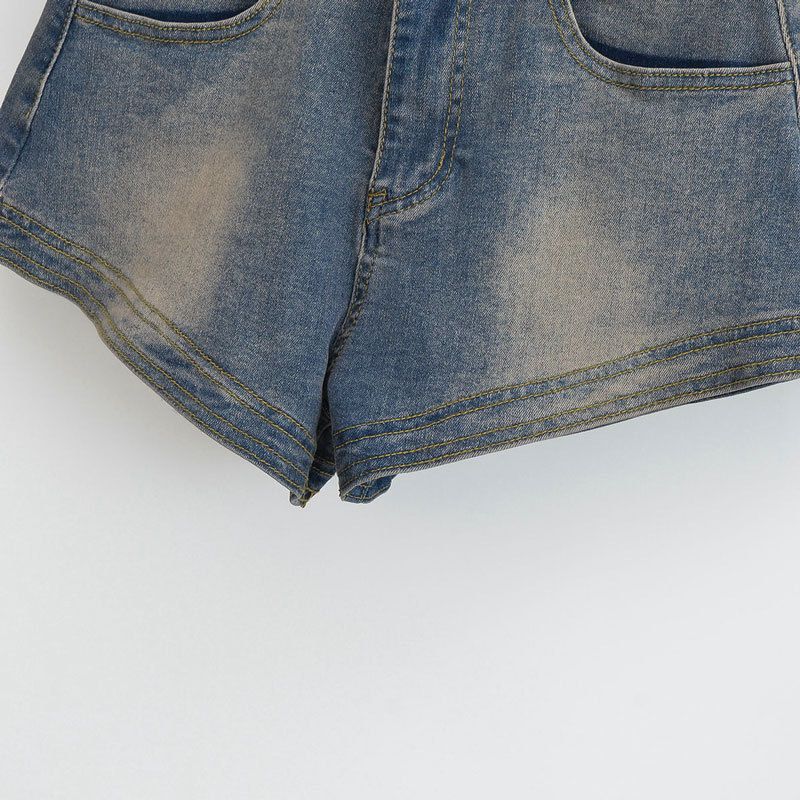 Shorts in denim americano da donna con ragazze piccanti, base stile Instagram, vita alta elastica a trapezio, glutei avvolti,_voghion.com