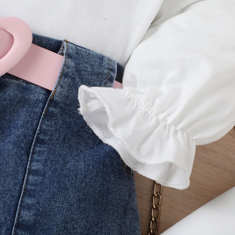 Mutter & Kinder Kinderkleidung Mädchen Einfarbiger Pullover Langarmoberteil Denim Offene Tasche Faltenrock Multi Schnalle Gürtelanzug_voghion.com