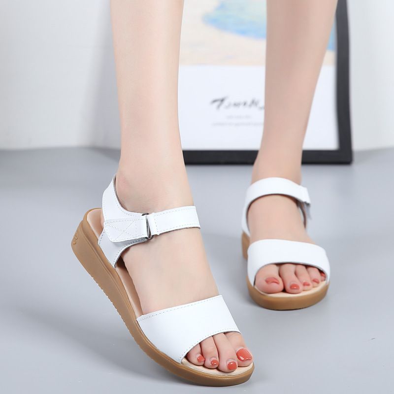 Summer Cowhide Wedge Women's Korean Fashion Velcro Beach Sandals, One-piece Mid Heeled Mom Sandals_voghion.com