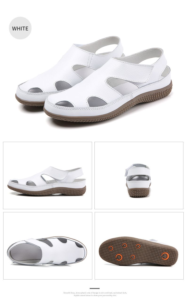 Sandalias de verano de piel auténtica para mujer, cómodas, con punta redonda y suela blanda hueca para mujer_voghion.com