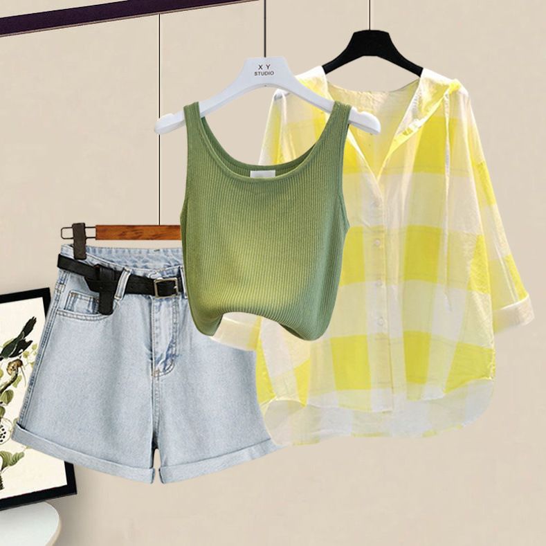 Damenbekleidung Sommer Plus Size Outfit Sonnenschutz Hemd Weste Slim Denim Shorts Dreiteiliges Set_voghion.com