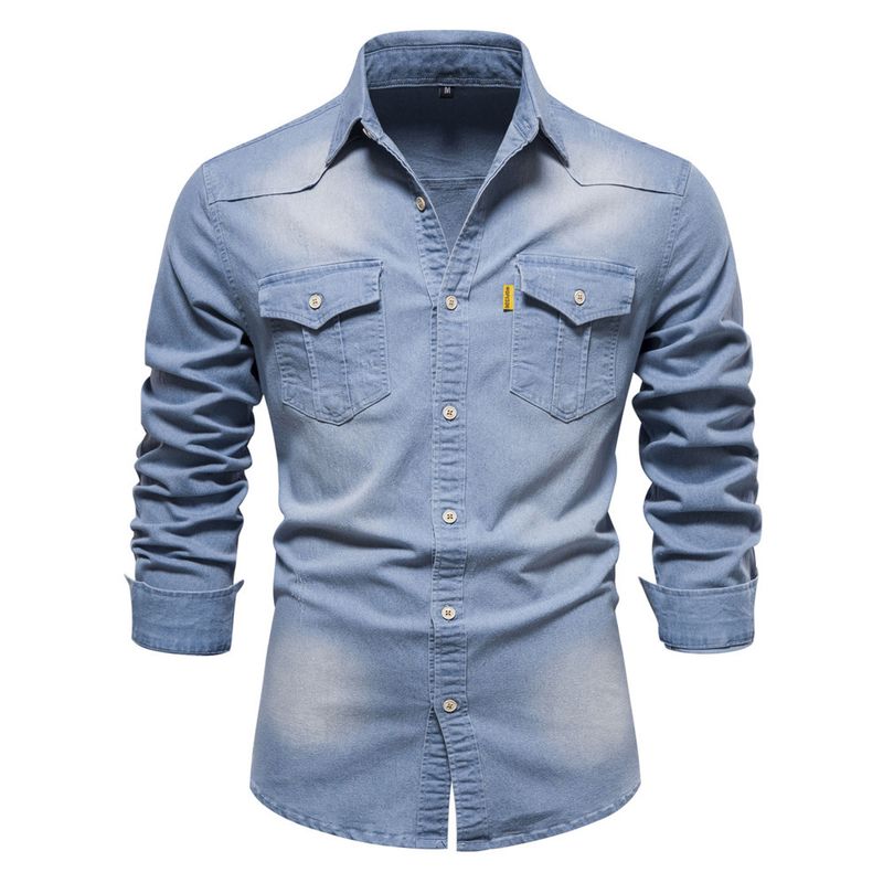 Jeanshemd für Herren – Klassische Langarm-Arbeitskleidung aus Baumwoll-Chambray, sandgewaschen und vorgeschrumpft (15 Farben von Mitternachtsschwarz bis Vintage-Blau)_voghion.com