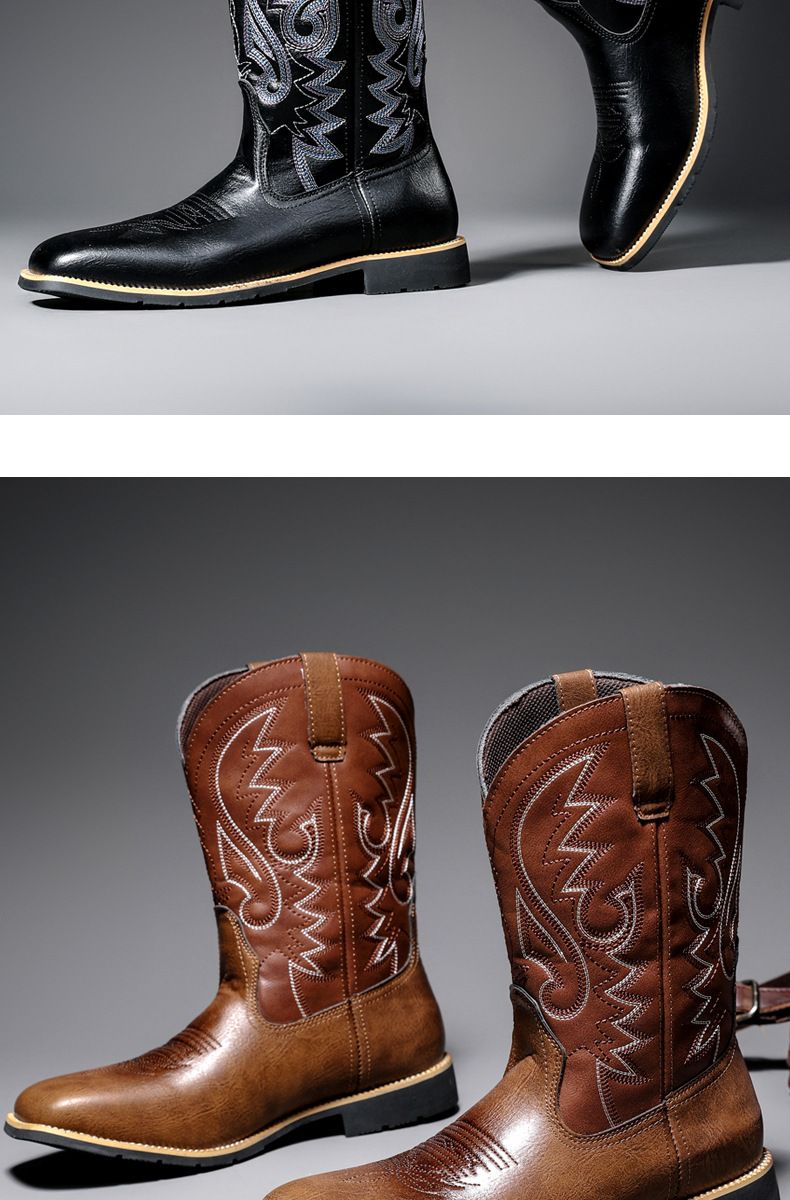 Amekaji Herren-Reitstiefel mit hoher Röhre, bestickt, Western-Cowboy, trendig, für Motorradfahrer, quadratische Zehenpartie_voghion.com