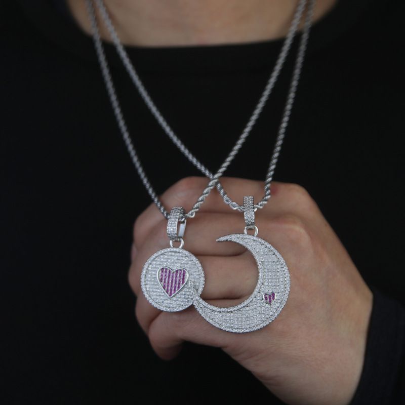 Herrenschmuck Zirkon eingelegte Liebe Sonne Mond Halskette Paar Hip Hop Anhänger 520 Valentinstag Geschenk_voghion.com
