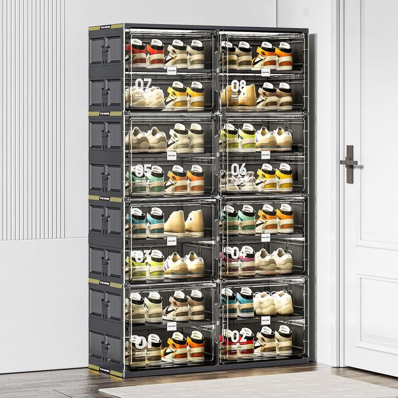 8 Tiers 32 Pairs Hard Plastic Shoe Storage Organizer Cabinet For Entryway, Large Stackable Collapsible Sneaker Shoe Box Organizer For Closet, Portable Folding Shoe Cabinet With Doors, Black_voghion.com