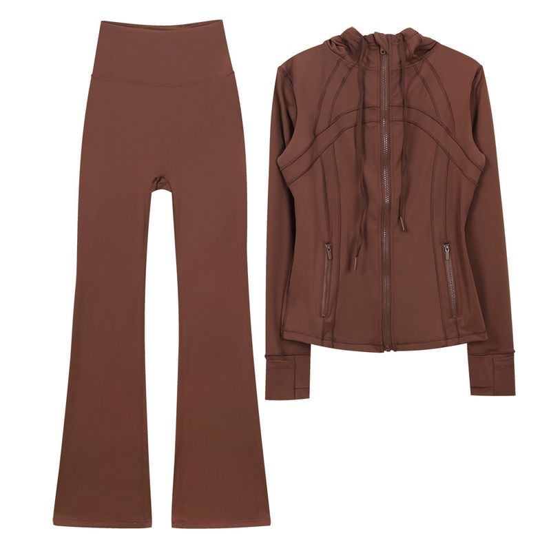 In Stock Hooded Flared Jacket Set Top Long Sleeve Women Tight Elastic Fitness Sports Running Yoga Outfit_voghion.com