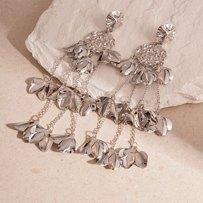 Orecchini a bottone con nappa floreale in stile metallo unico, leggeri e di alta qualità, design esagerato della personalità._voghion.com